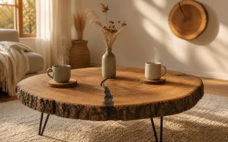 Baumscheiben Deko im Wohnzimmer: Couchtisch, Untersetzer und Wandscheibe