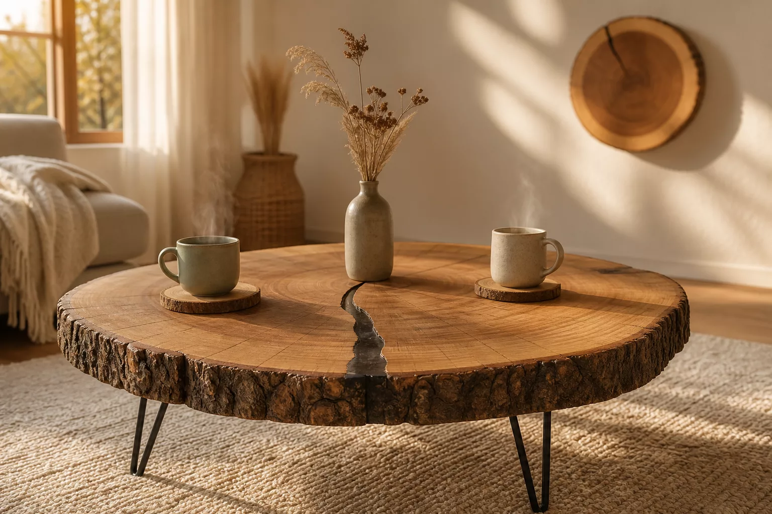 Baumscheiben Deko im Wohnzimmer: Couchtisch, Untersetzer und Wandscheibe