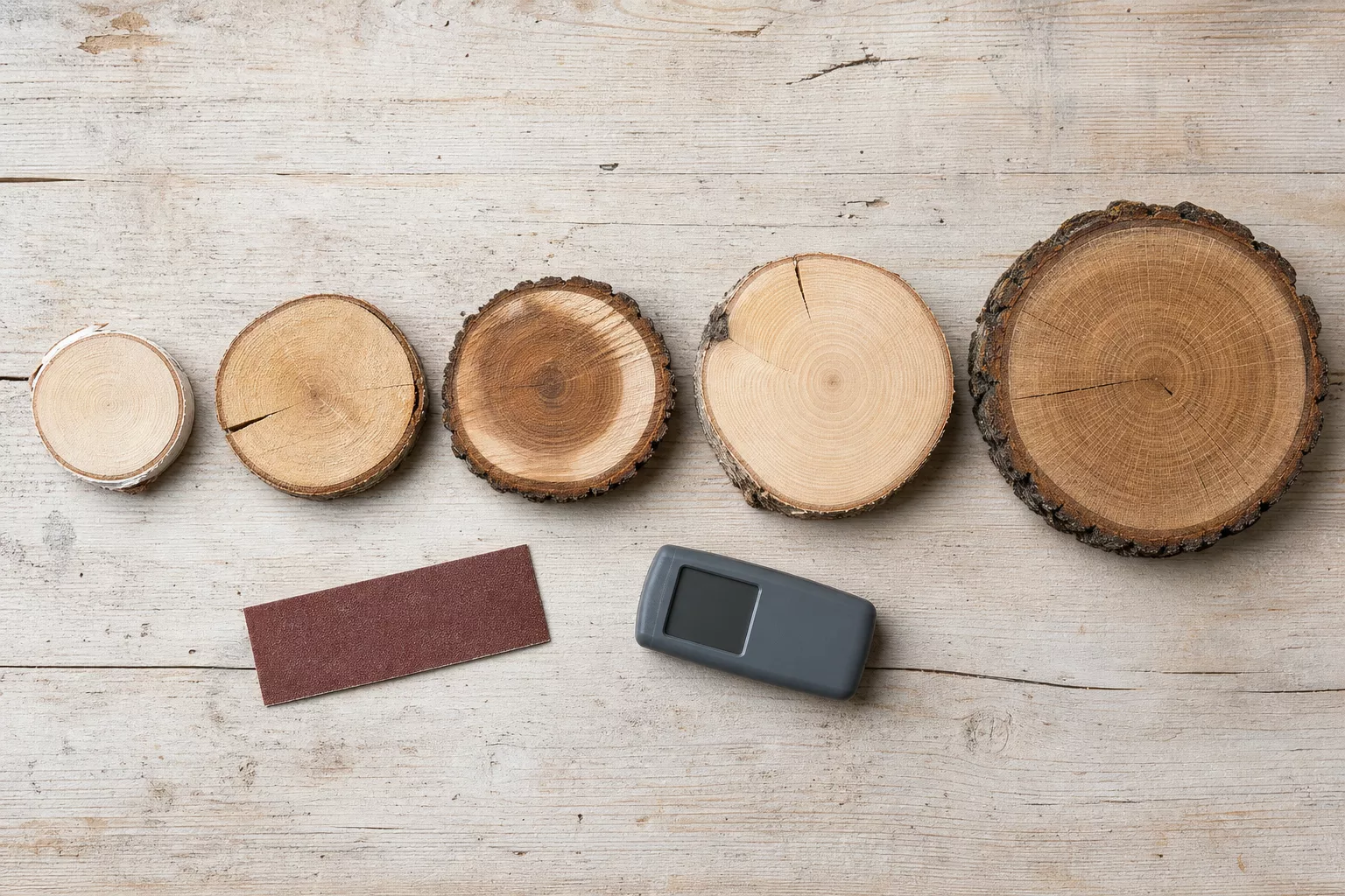 Fünf Holzscheiben in unterschiedlicher Größe und Holzart nebeneinander