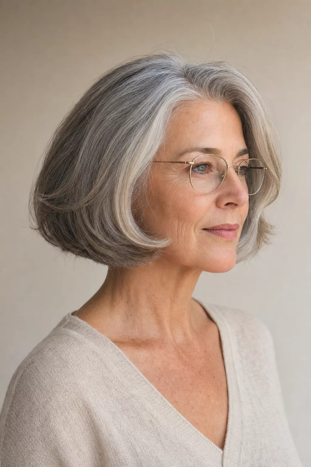 50s Bob mit Retro-Volumen an grauem Haar, Seitenansicht mit Brille