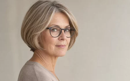 Bob Frisur für Frauen ab 50 mit Brille, Dreiviertel-Porträt im Tageslicht