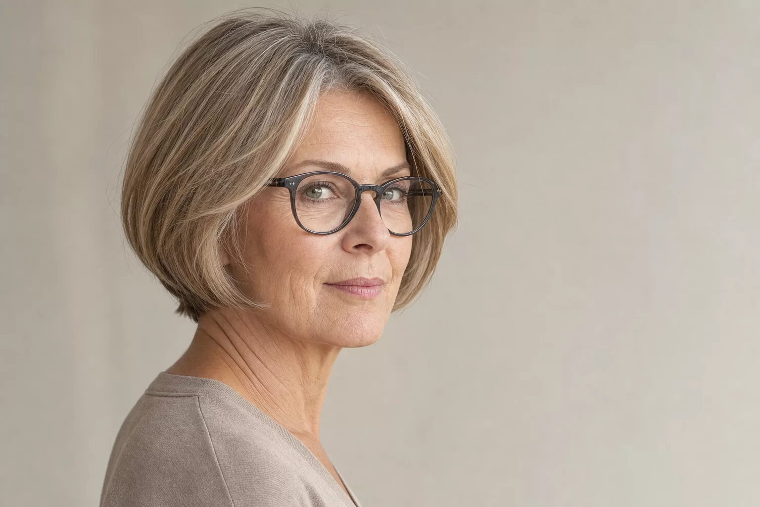 Bob Frisur für Frauen ab 50 mit Brille, Dreiviertel-Porträt im Tageslicht