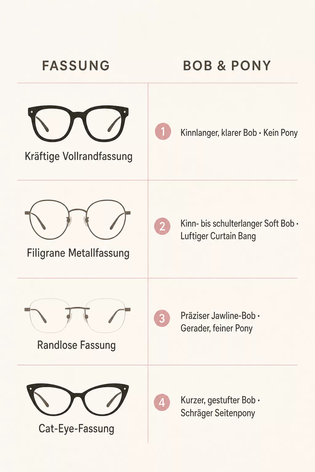 Infografik: Brillenfassung und passender Pony beim Bob im Überblick