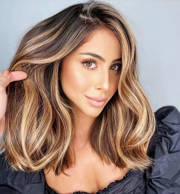 braune haare mit blonden straehnen long bob 2024 trends balayageinspo