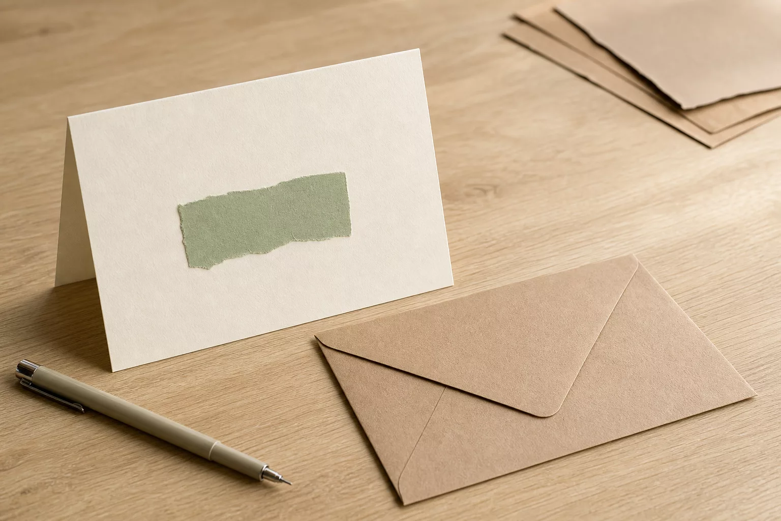 Fertige Klappkarte mit C6-Umschlag und Fineliner auf Holztisch