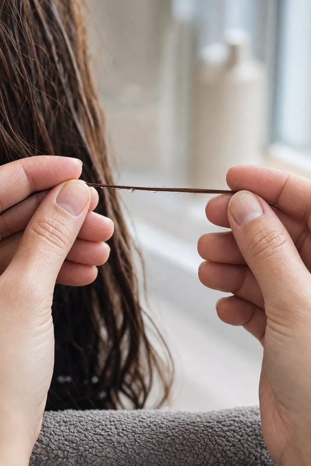 Hände dehnen vorsichtig eine feuchte Haarsträhne beim Elastizitätstest