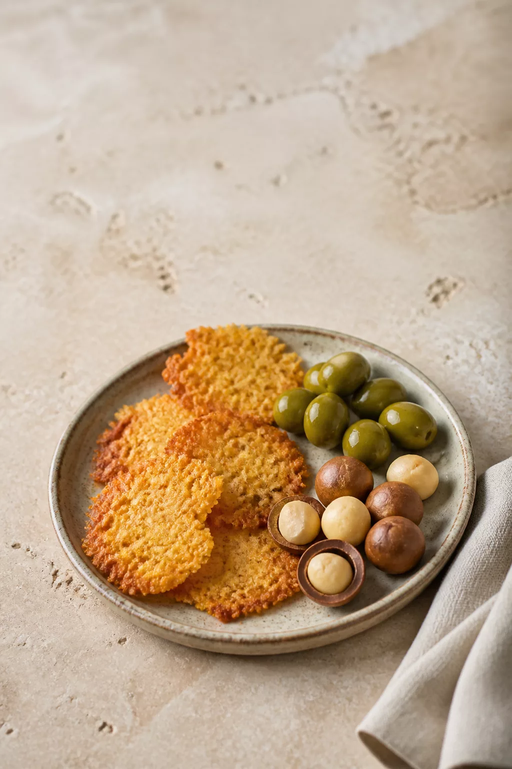 Käse-Chips, grüne Oliven und Macadamianüsse als kohlenhydratarmer Snack