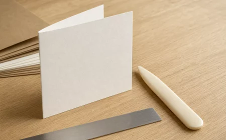 Karten selber basteln: aufgeklappte Klappkarte mit Falzbein auf Holztisch