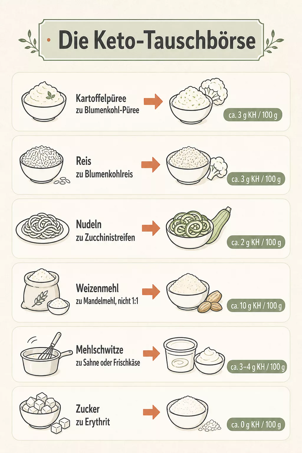 Infografik: sechs Zutaten-Tauschpaare für die Keto-Küche mit Kohlenhydratwerten