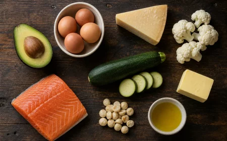 Keto Rezepte Zutaten wie Avocado, Eier, Lachs und Käse auf Holztisch
