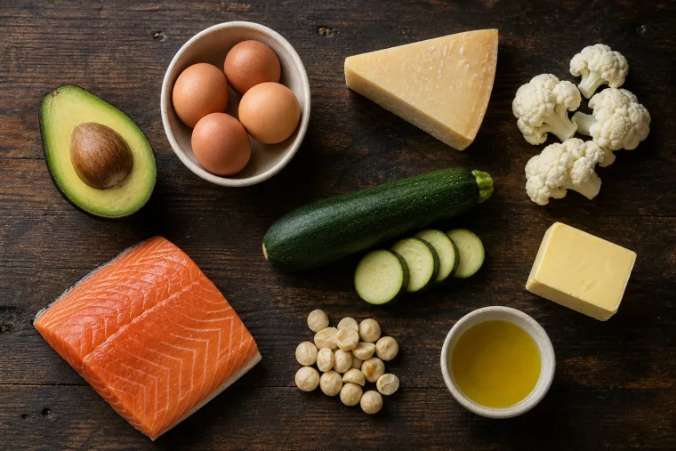Keto Rezepte Zutaten wie Avocado, Eier, Lachs und Käse auf Holztisch
