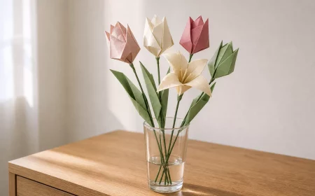 Origami Blume Strauß aus gefalteten Papierblüten in Glasvase