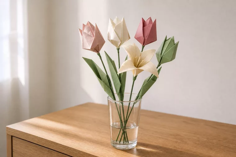 Origami Blume Strauß aus gefalteten Papierblüten in Glasvase