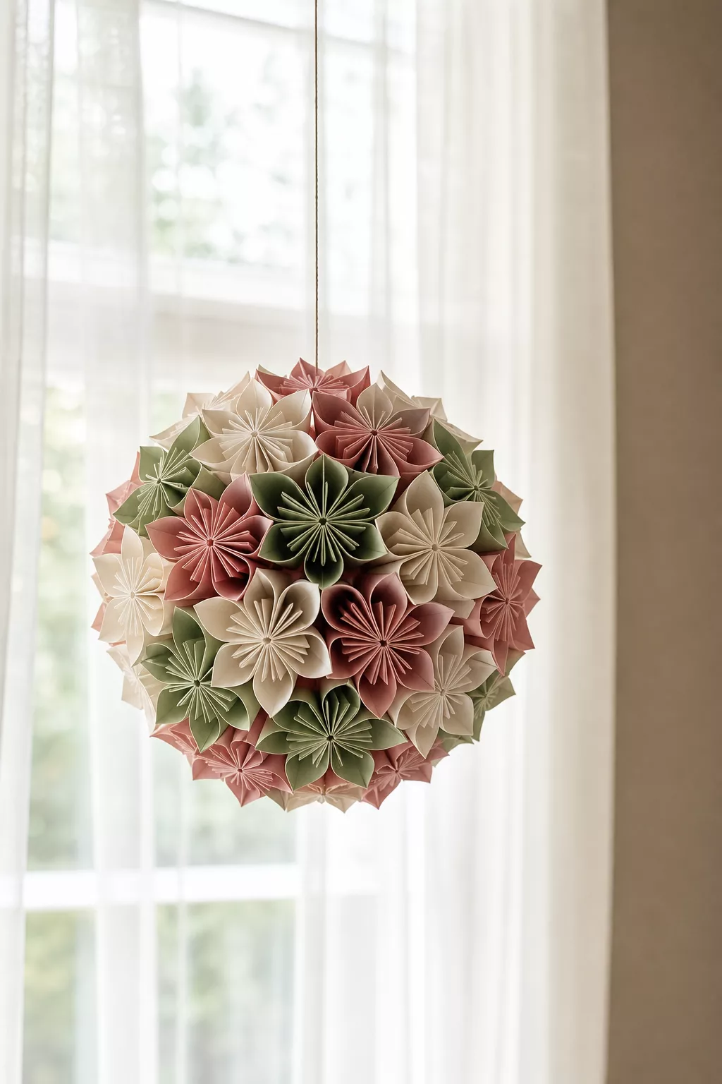 Origami Kusudama Blütenkugel hängt vor einem hellen Fenster