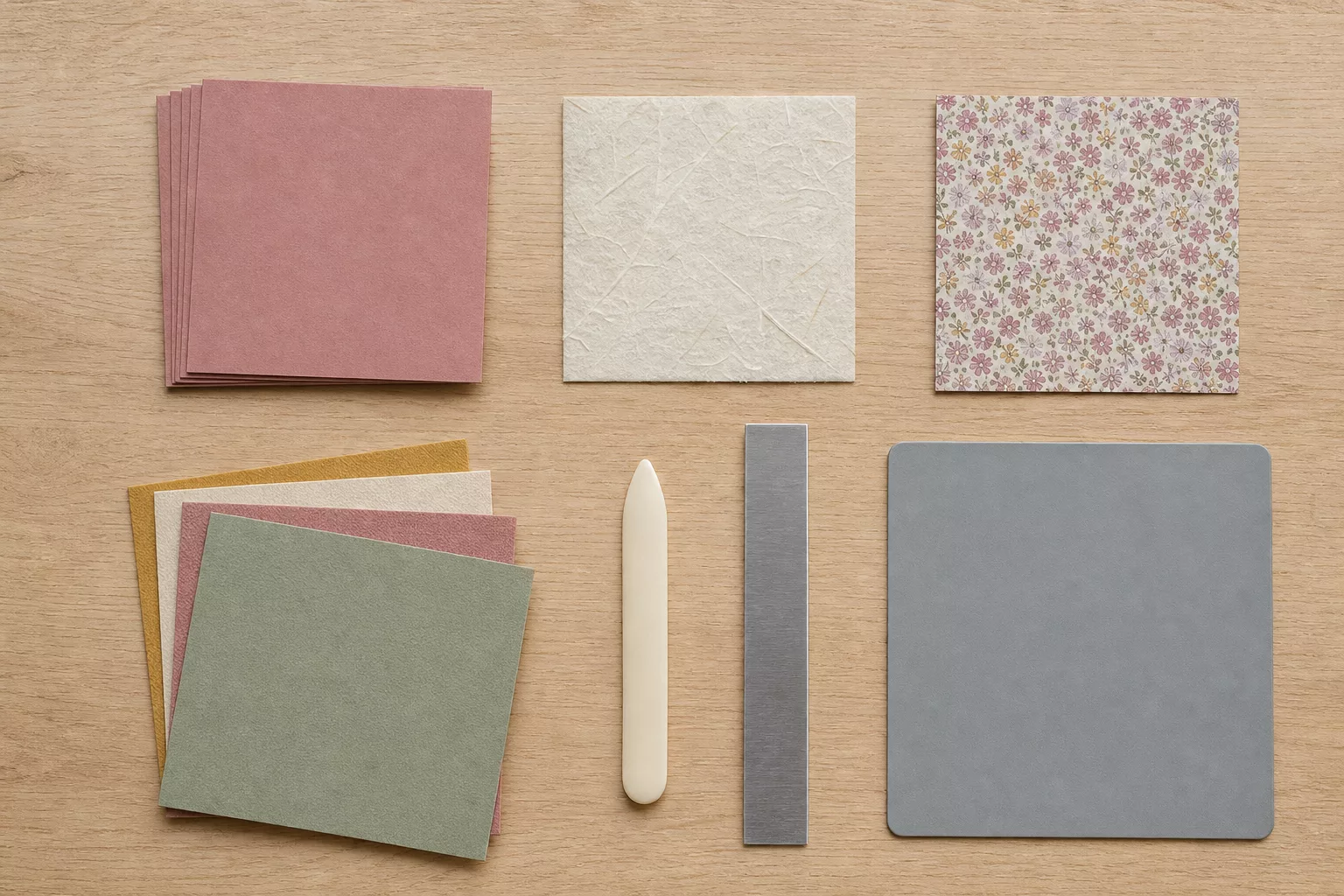 Flatlay verschiedener Origami Papiersorten mit Falzbein und Lineal