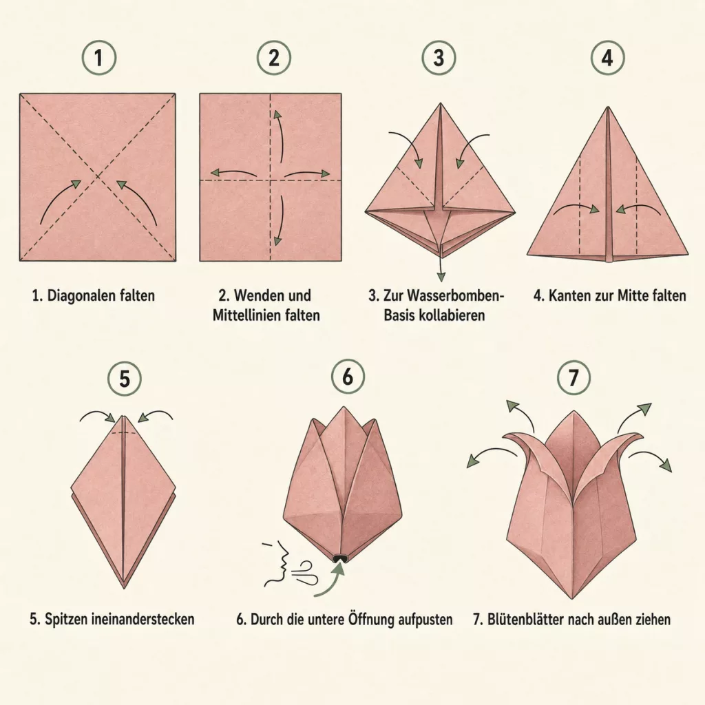 Sieben nummerierte Faltschritte zur Origami Tulpe als Diagramm