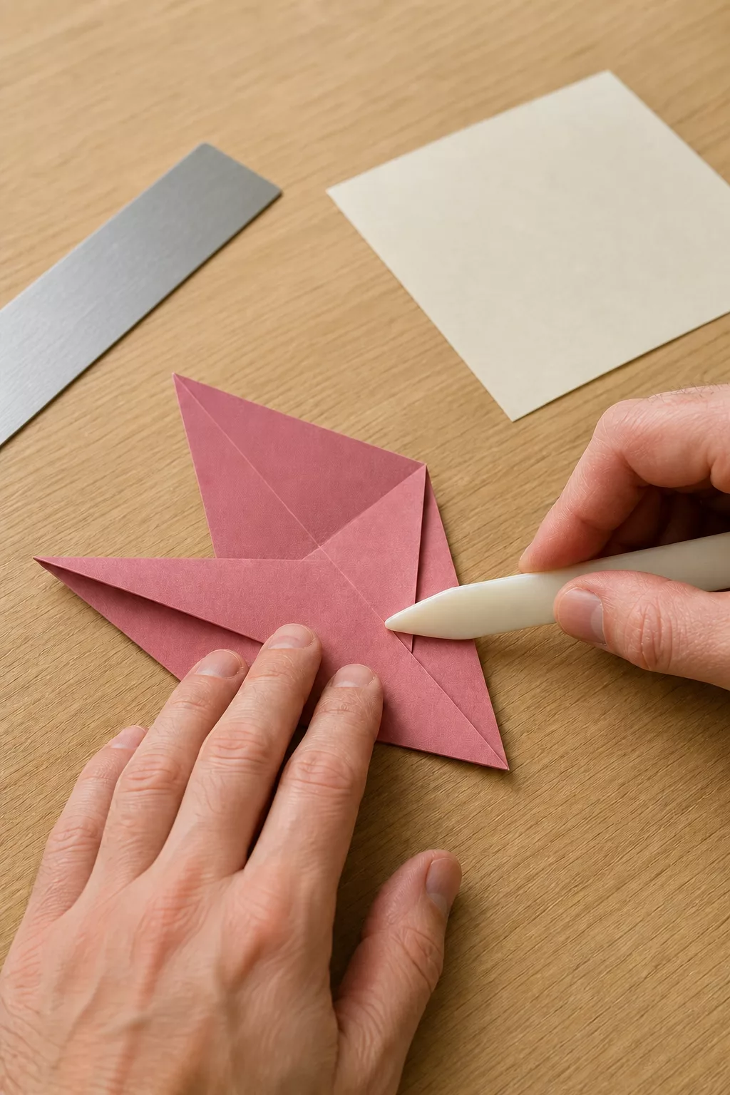 Hände ziehen mit Falzbein eine Kante der Origami Tulpe nach