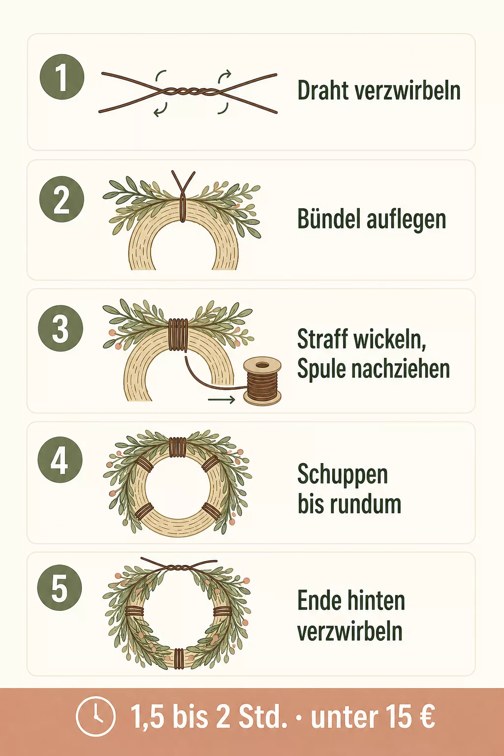 Infografik mit 5 Schritten zum Osterkranz binden, Zeit- und Kostenangabe