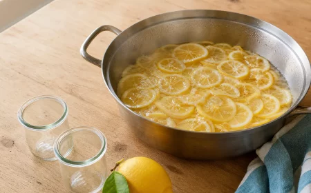 Sizilianische Zitronenmarmelade Rezept: hauchdünne Zitronenscheiben köcheln im Topf