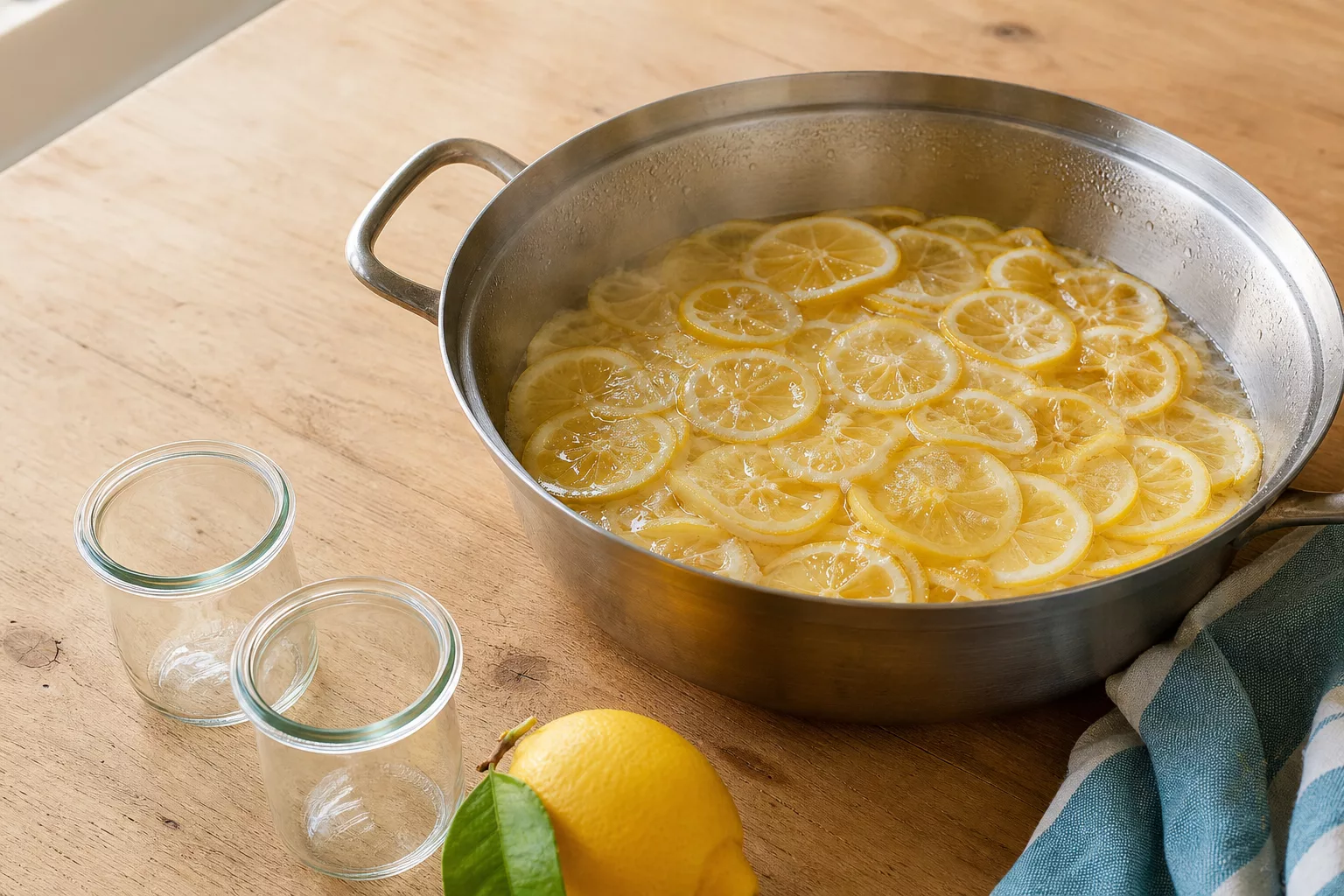 Sizilianische Zitronenmarmelade Rezept: hauchdünne Zitronenscheiben köcheln im Topf
