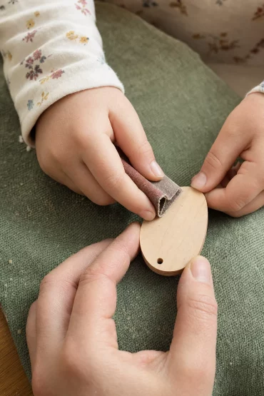 Kinderhände schleifen einen Sperrholz-Anhänger mit feinem Schleifpapier