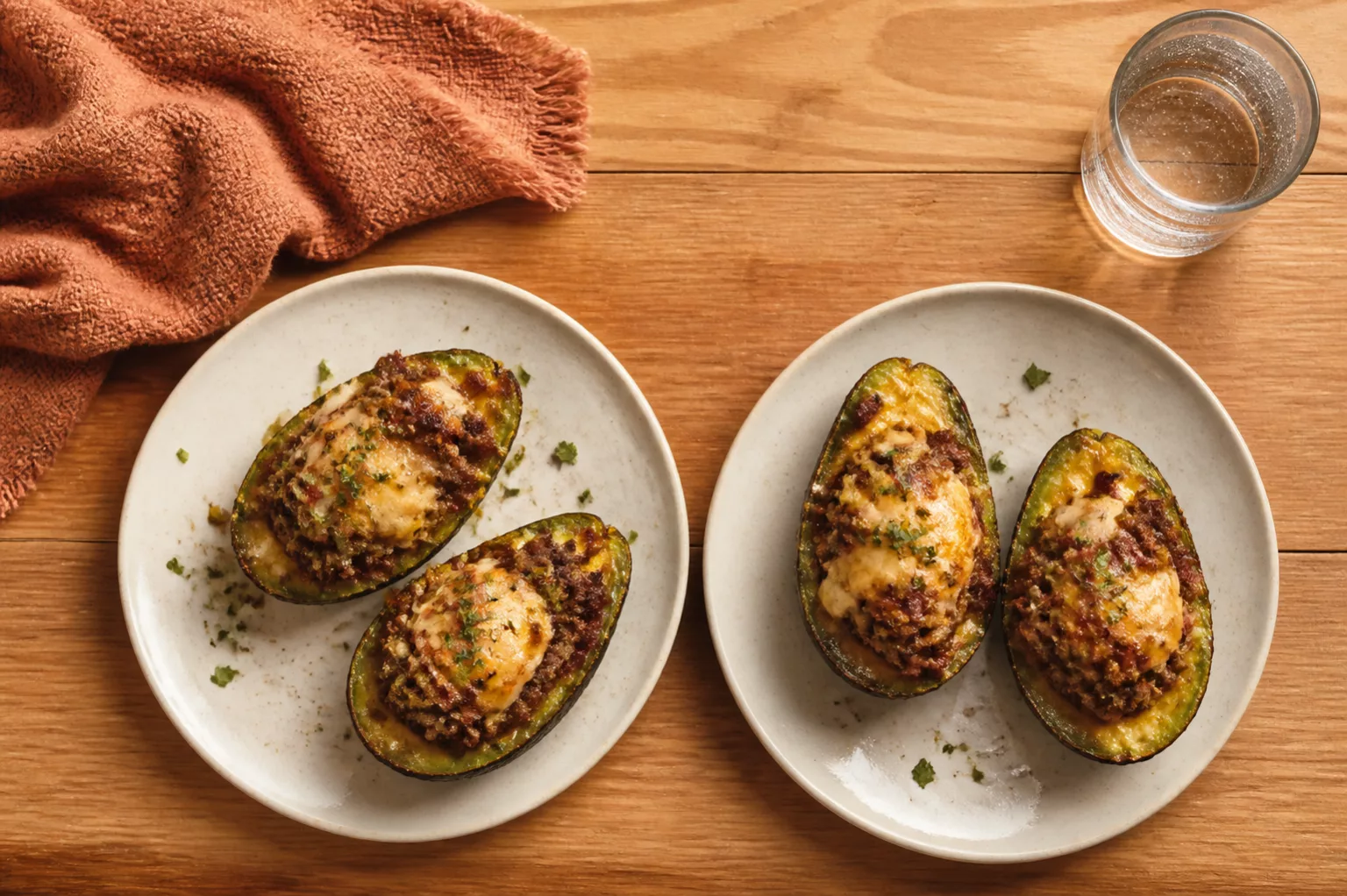 Überbackene Avocado-Boote mit Hackfleisch und Käse als Serviervorschlag
