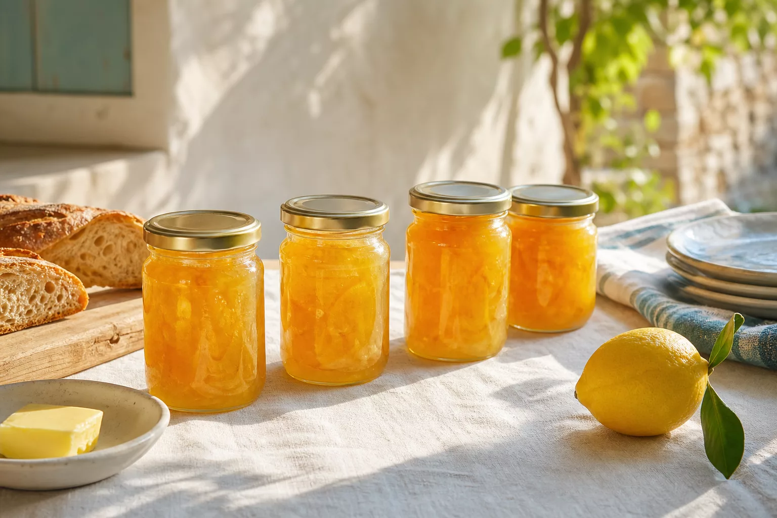 Sizilianische Zitronenmarmelade Rezept: verschlossene Gläser auf sommerlichem Frühstückstisch