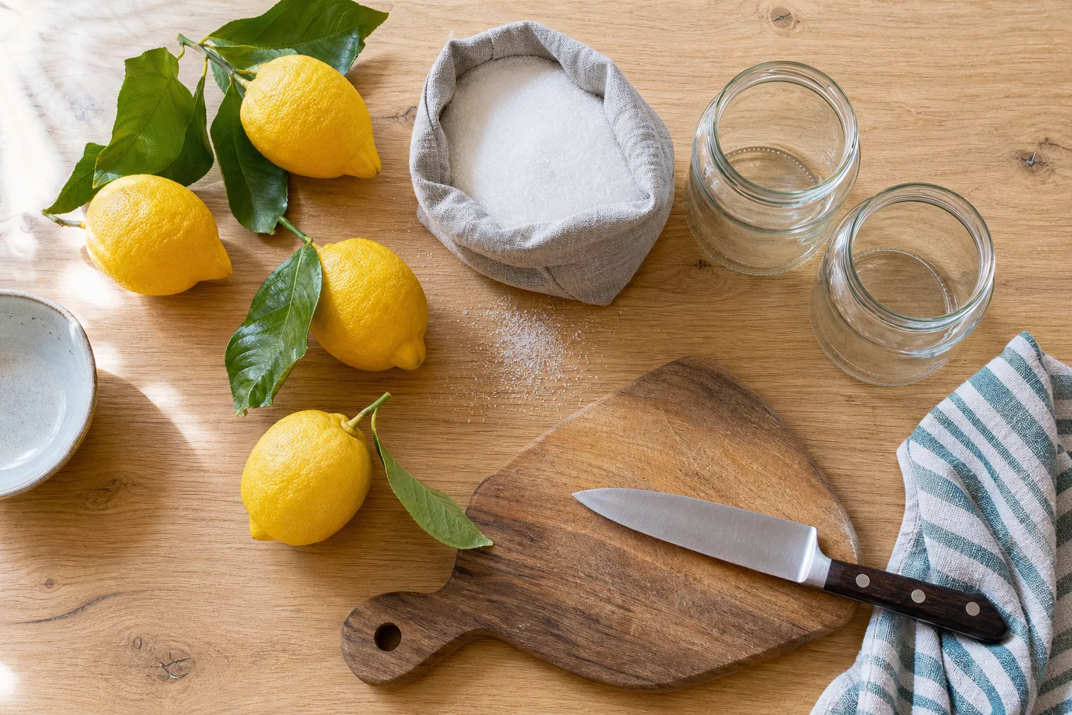 Zutaten für Zitronenmarmelade: unbehandelte Zitronen, Zucker und leere Einmachgläser
