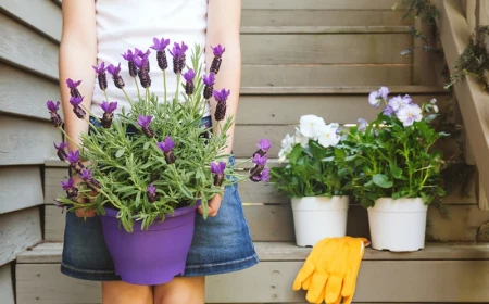 girl holding lavender pot at the backyard stairs with white viol