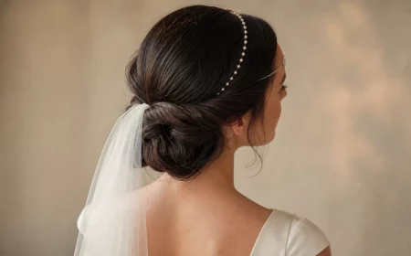 Arabische Hochzeitsfrisuren: tief sitzender Chignon mit Perlen und Stirnkette