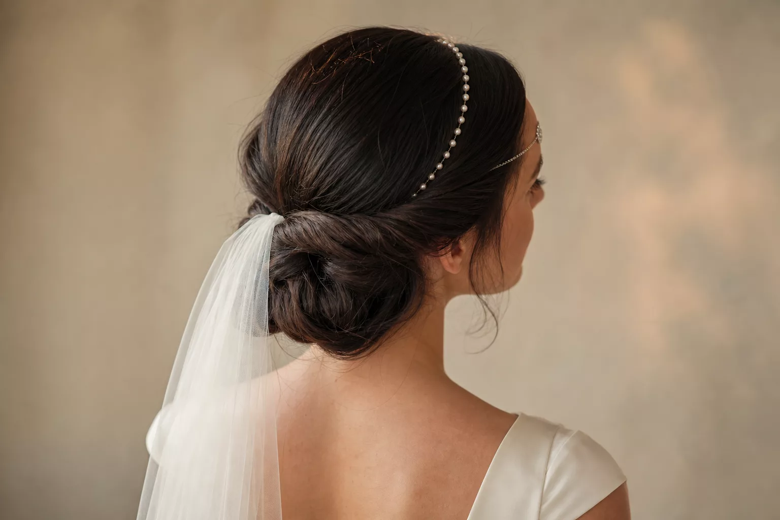 Arabische Hochzeitsfrisuren: tief sitzender Chignon mit Perlen und Stirnkette