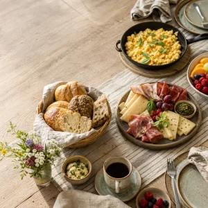 Gedeckter Brunch-Tisch von oben mit Rührei, Brot und Obst