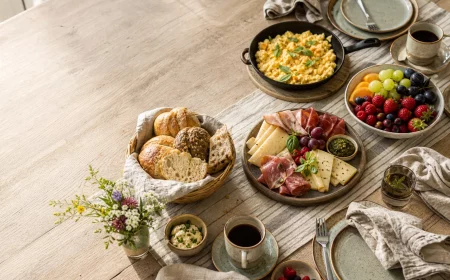 Gedeckter Brunch-Tisch von oben mit Rührei, Brot und Obst