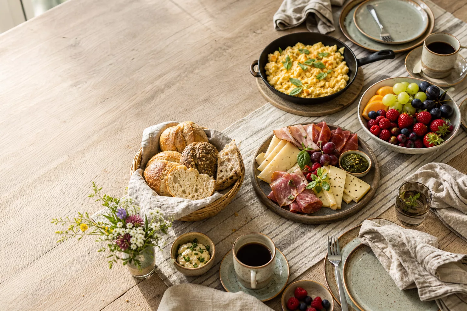 Gedeckter Brunch-Tisch von oben mit Rührei, Brot und Obst