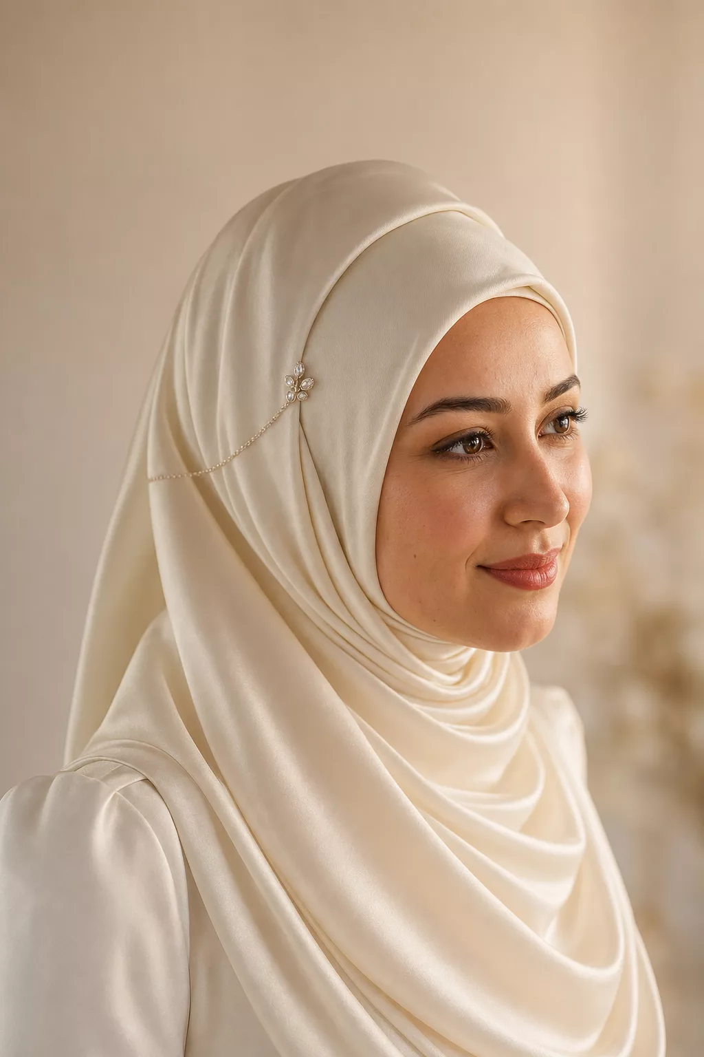 Elegante Brautfrisur mit Hijab: Volumen und Schmuck über dem Tuch