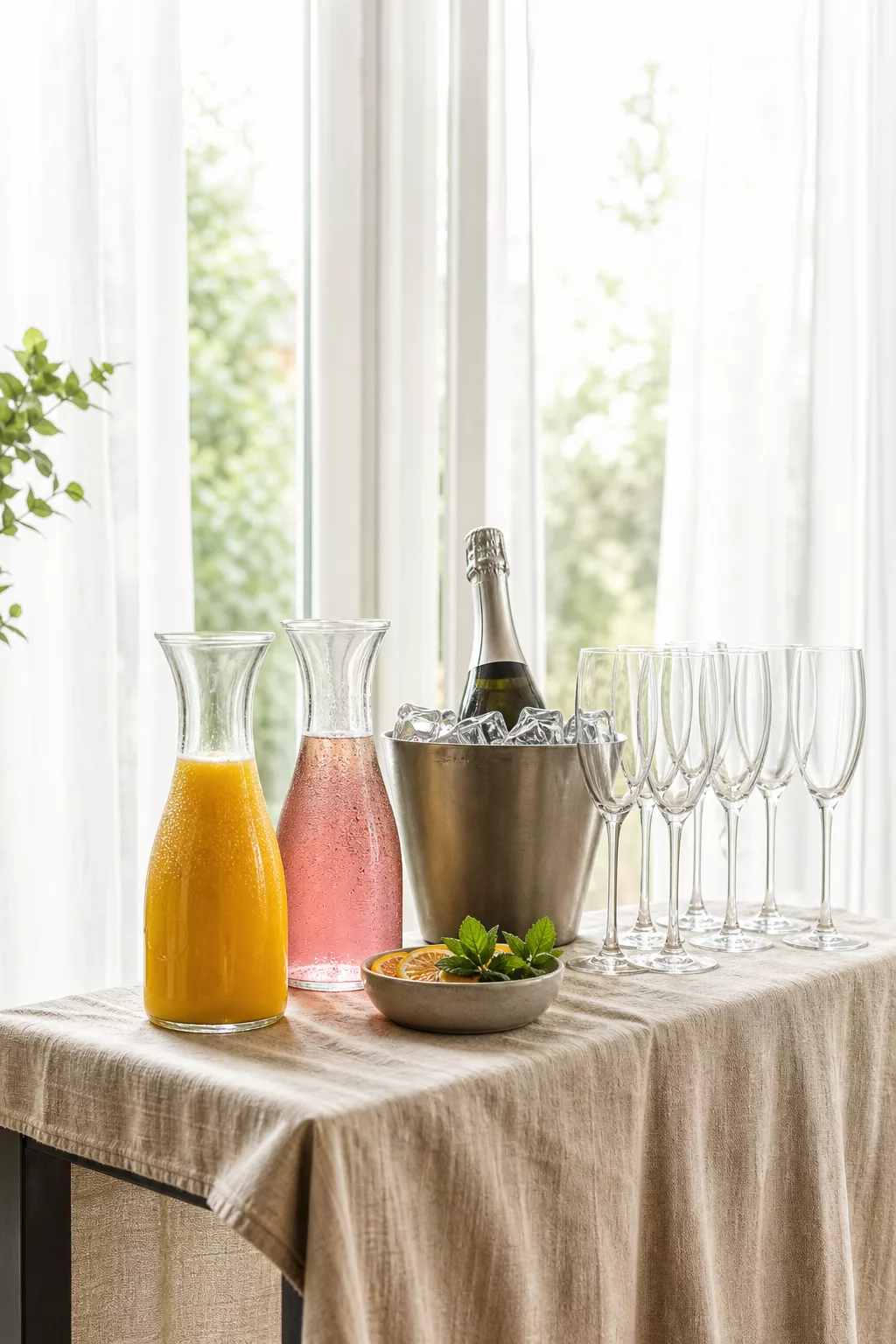 Getränkestation mit Saft und Sekt für die Brunch-Gäste
