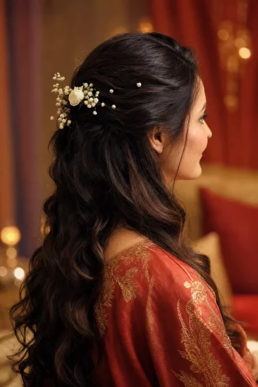 Halboffene Hochzeitsfrisur mit Blüten und Perlen für den Henna-Abend