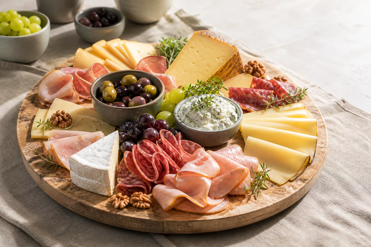 Kalte Platte mit Käse, Aufschnitt und Dips fürs Brunch-Buffet