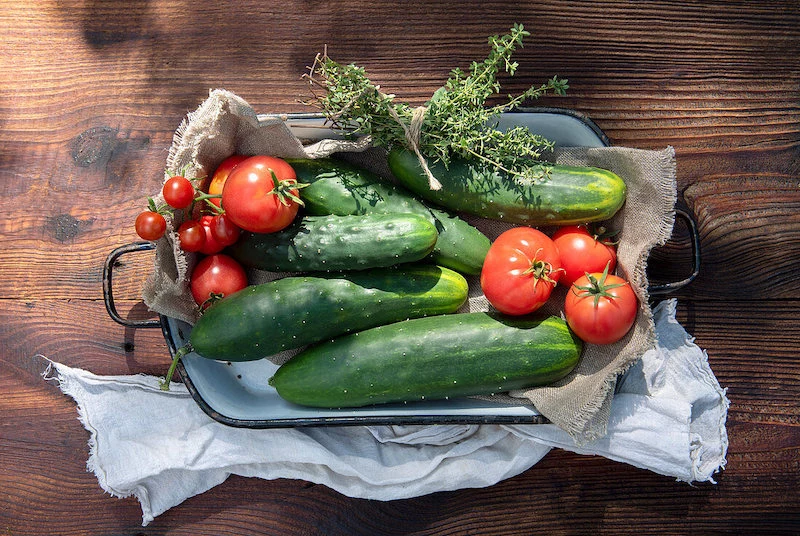 frische tomaten und gurken in vintage emailleschale