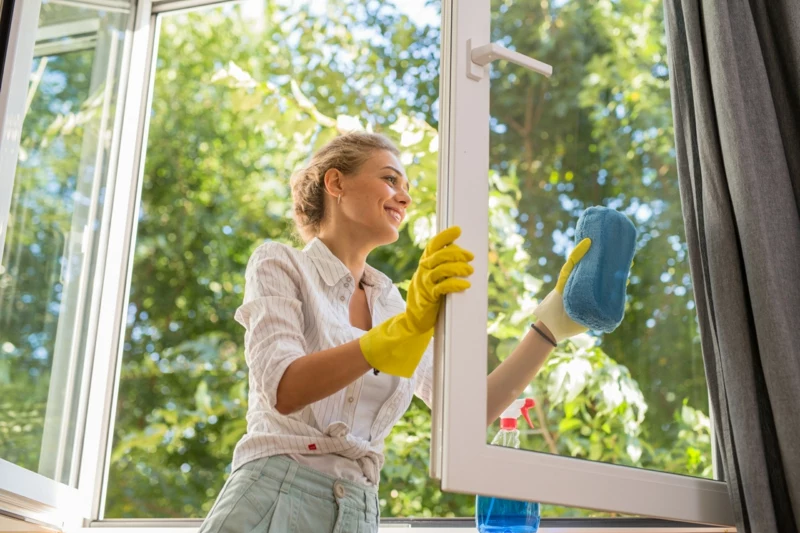 woman cleaning windows in her home