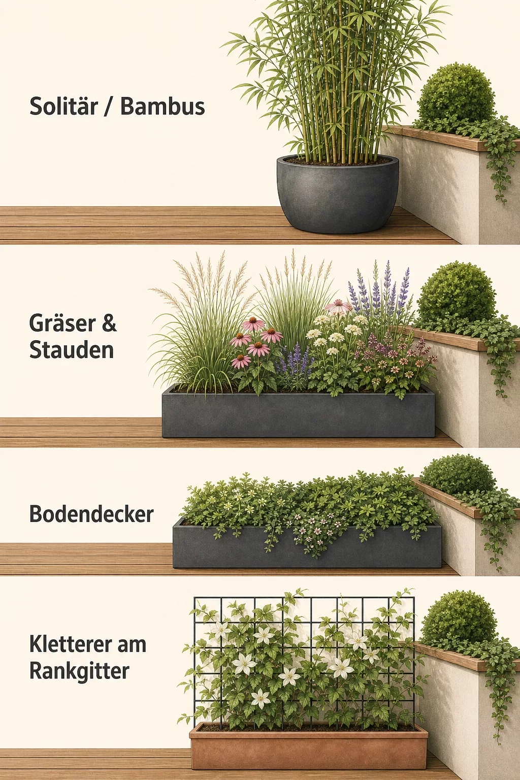 Grafik zu vier Pflanzebenen für einen dichten Terrassengarten