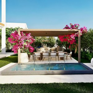 gartengestaltung iden garten mit pool pergola und rosa baeumen secretgardenslandscaping