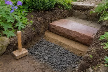 Frostfreies Schotterfundament als Basis für die Gartentreppe