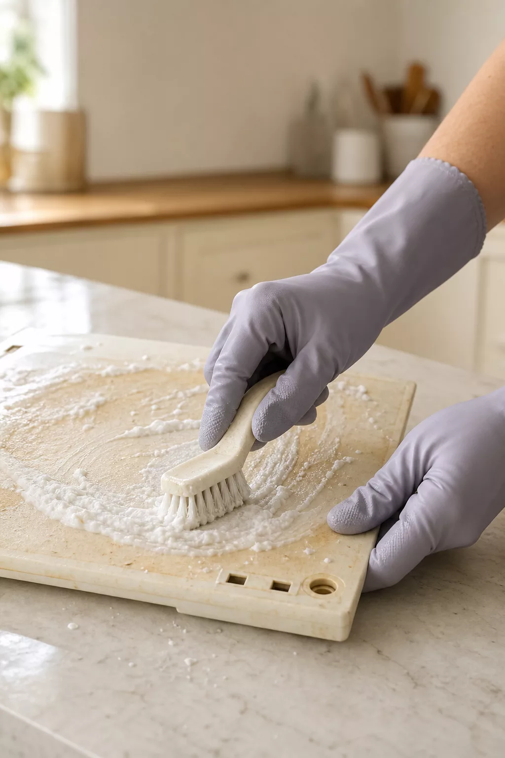 Hände mit Handschuhen tragen Natron-Paste auf Kunststoffoberfläche auf
