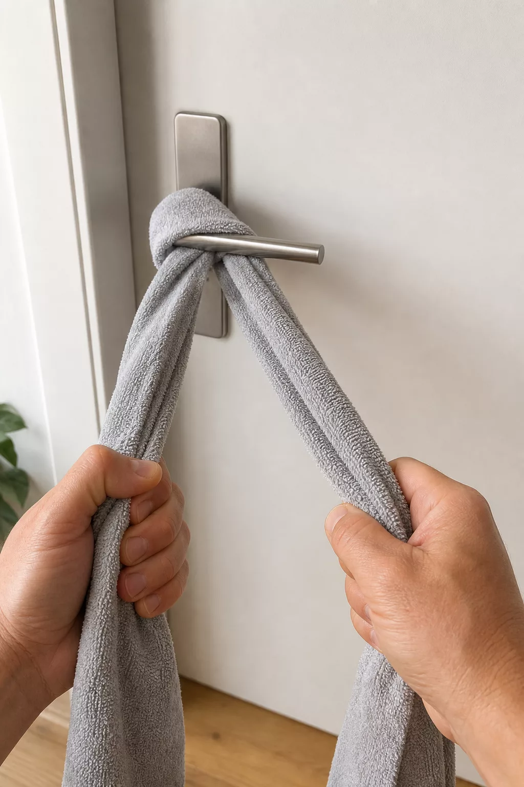 Hände spannen ein Handtuch um einen Türgriff zum Rudern