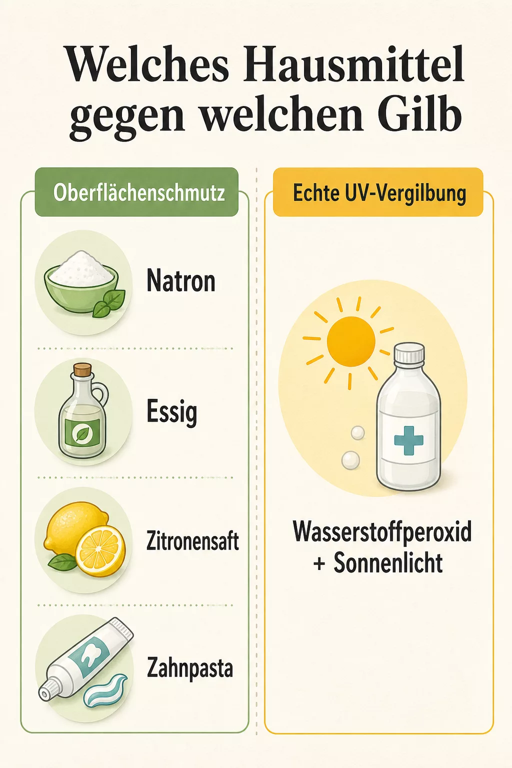 Grafik zeigt passende Hausmittel je nach Art der Plastik-Vergilbung
