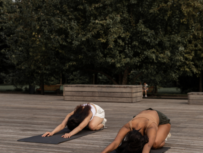 katze kuh stretch yoga uebung zwei personen im freien