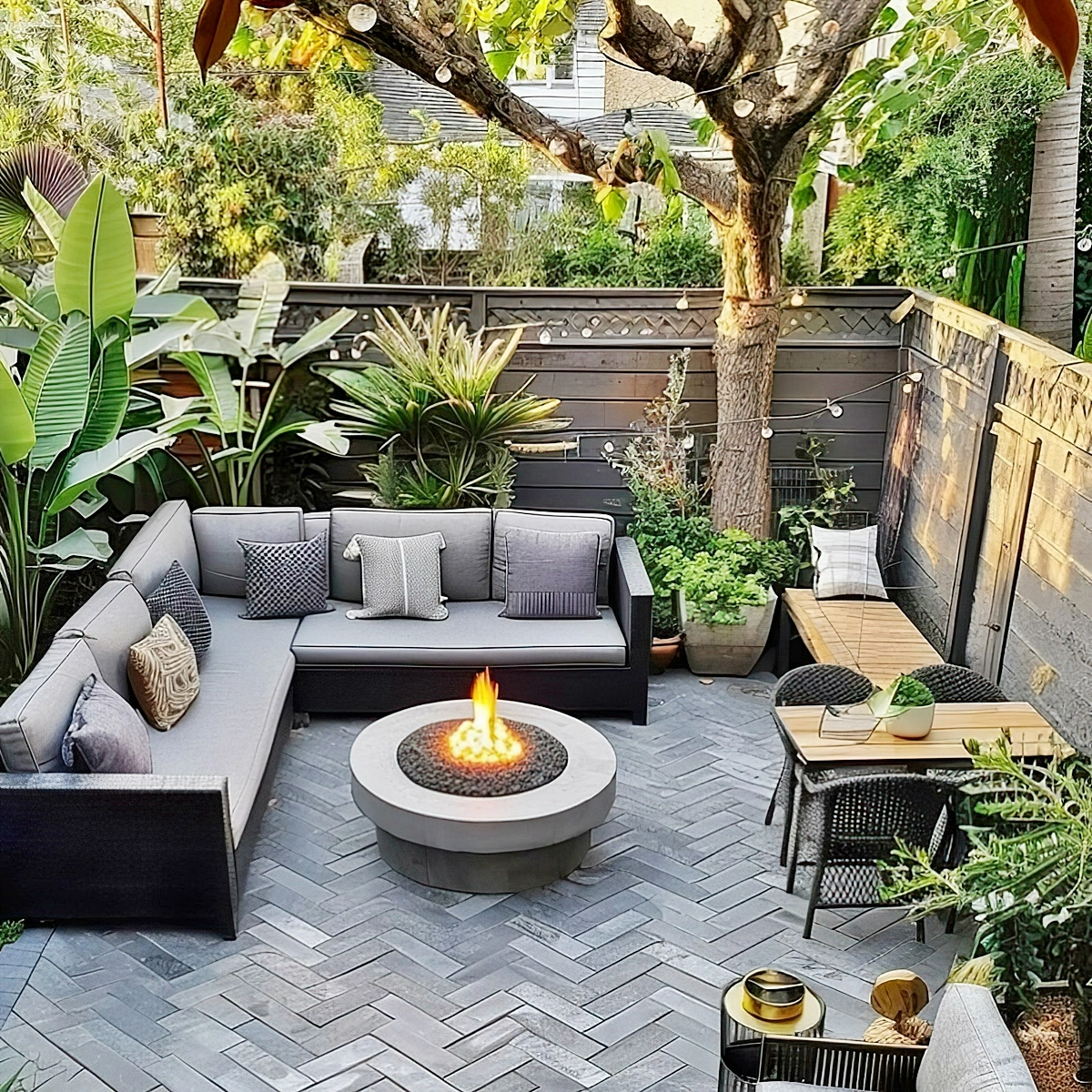 kleine gaerten schoen gestalten moderne gartengestaltung mit sitzplatz grauem ecksoda mit feuerstelle smallbackyardideas