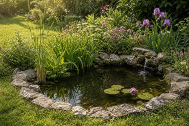 Kleiner bepflanzter Gartenteich mit Natursteinen und Wasserpflanzen