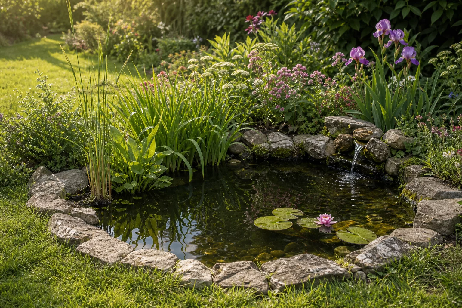 Kleiner bepflanzter Gartenteich mit Natursteinen und Wasserpflanzen